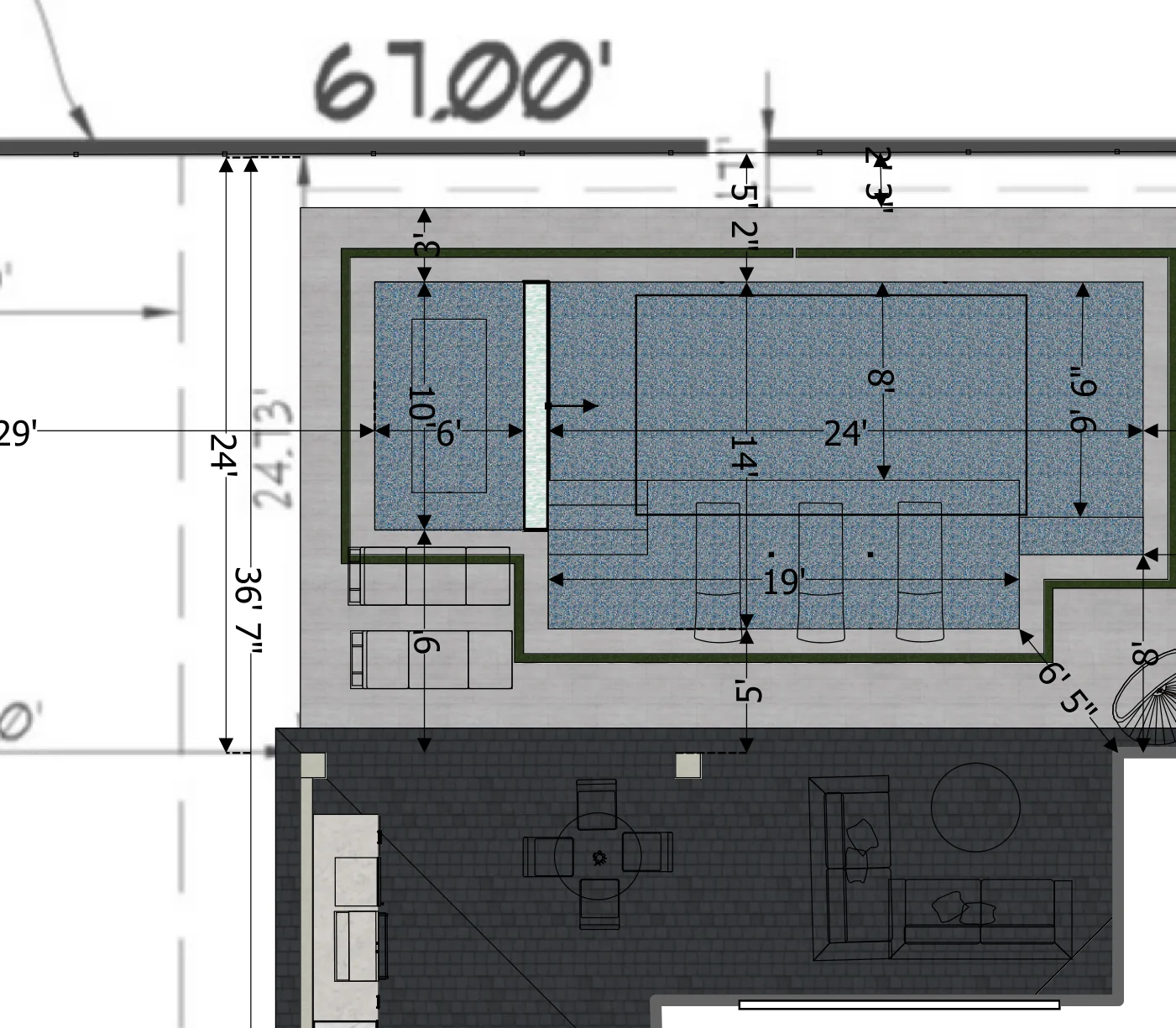 Site plan showing the pool with its 19' sunshelf, the 6' x 10' flush spa, the deck and the lanai behind the house