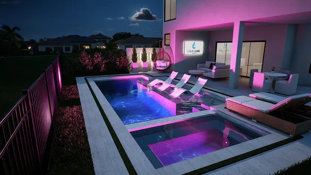 Render of the Correa pool and spa, view 04 (night view)