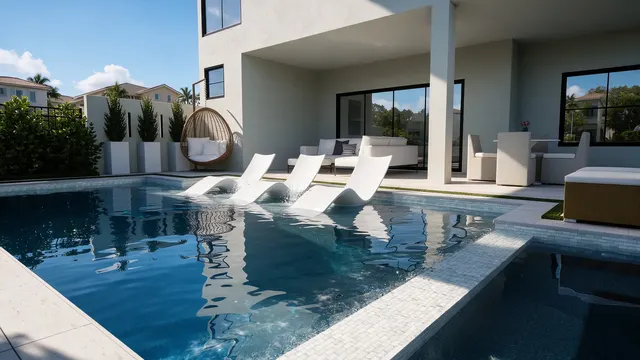 Render of the Correa pool and spa, view 03 (day view)