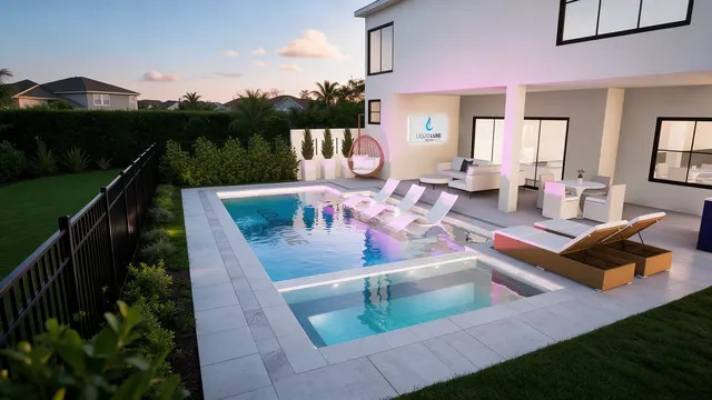 Render of the Correa pool and spa, view 02 (day aerial)